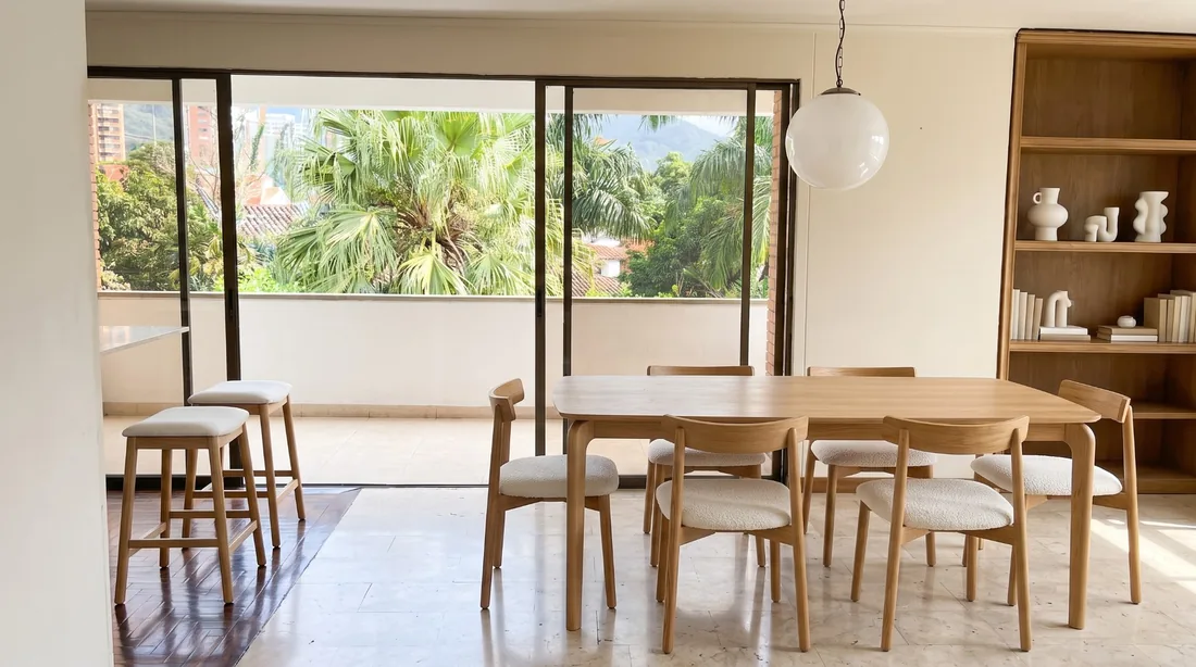 Comedor abierto a la terraza, con amoblamiento virtual: mesa de madera clara con seis sillas y dos butacos.