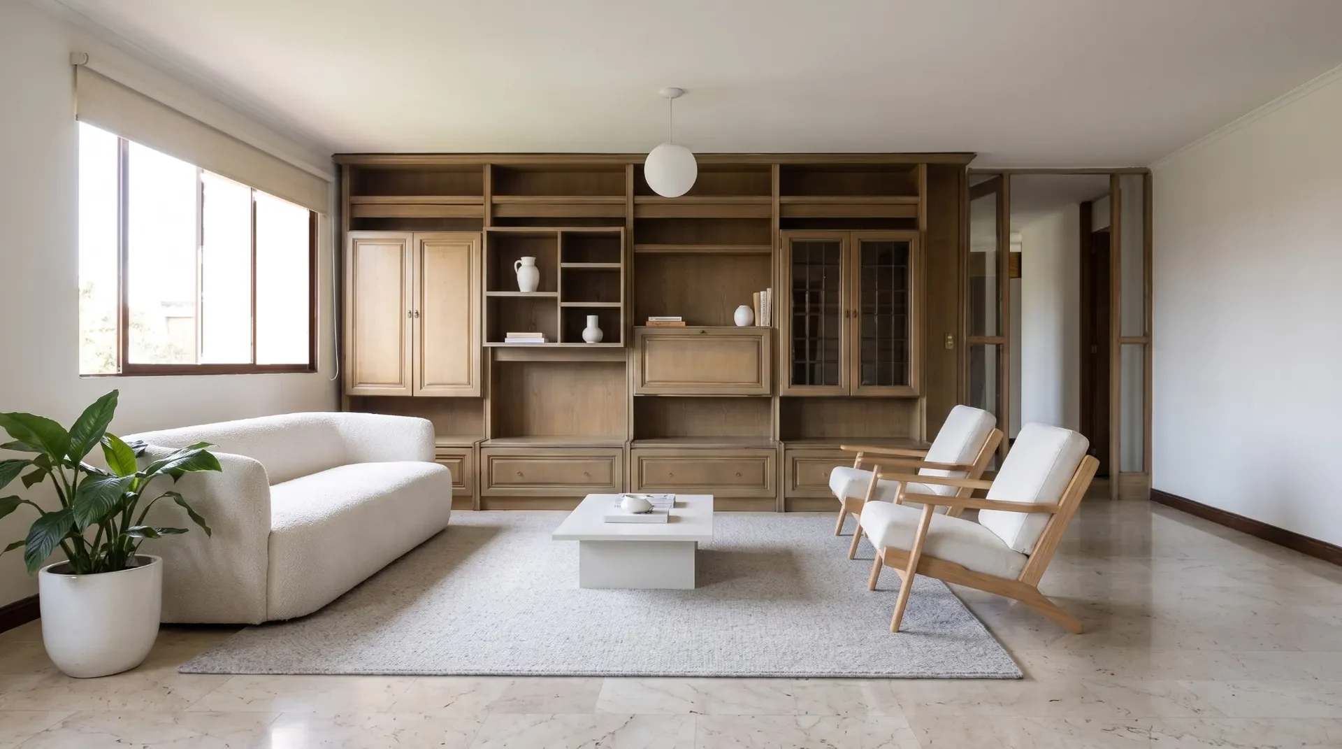 La misma sala con amoblamiento virtual: sofá blanco, dos sillones de madera clara y una alfombra gris.